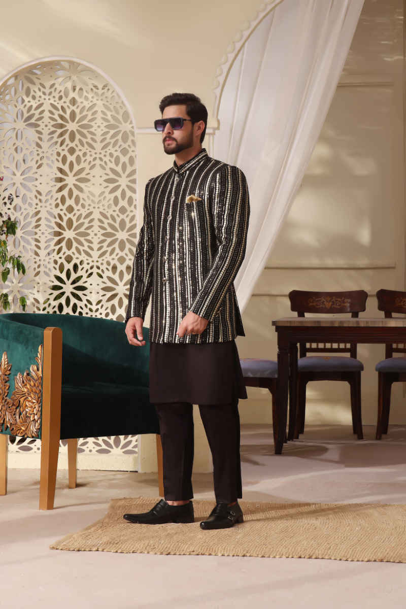 Black & Gold Sequin Chiffon Princecoat (2-Piece) - Image 1