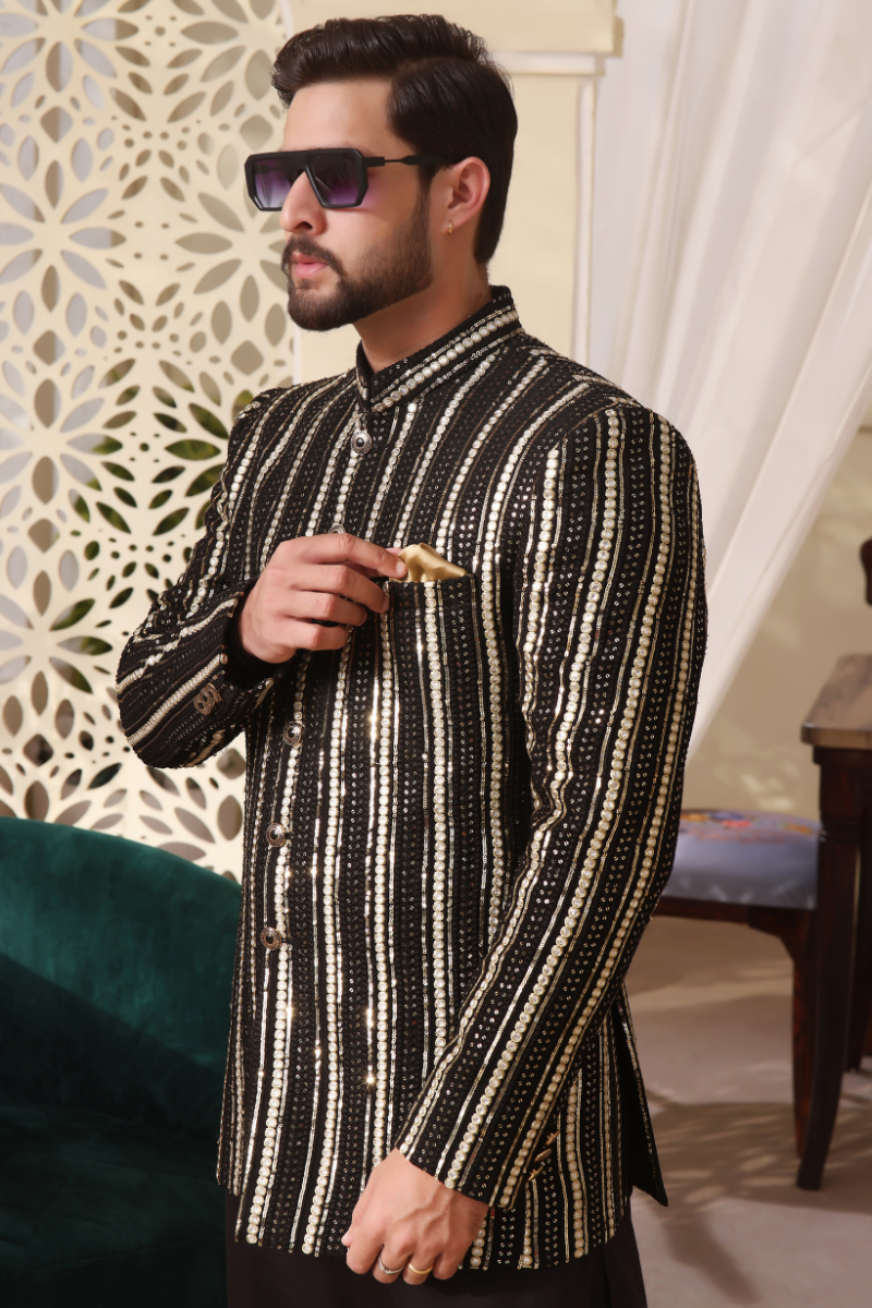 Black & Gold Sequin Chiffon Princecoat (2-Piece) - Image 2