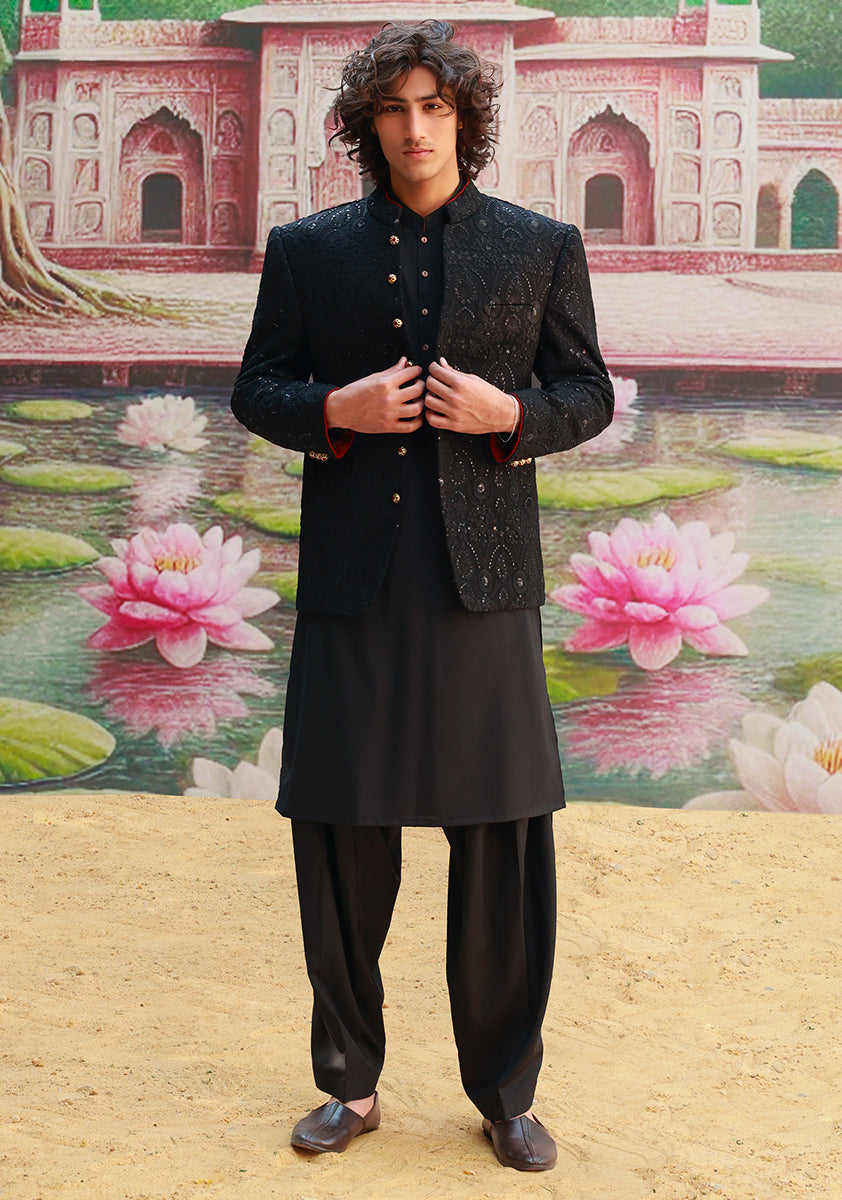 Black Embroidered Cotton Net Prince Coat (3-Piece) - Image 1