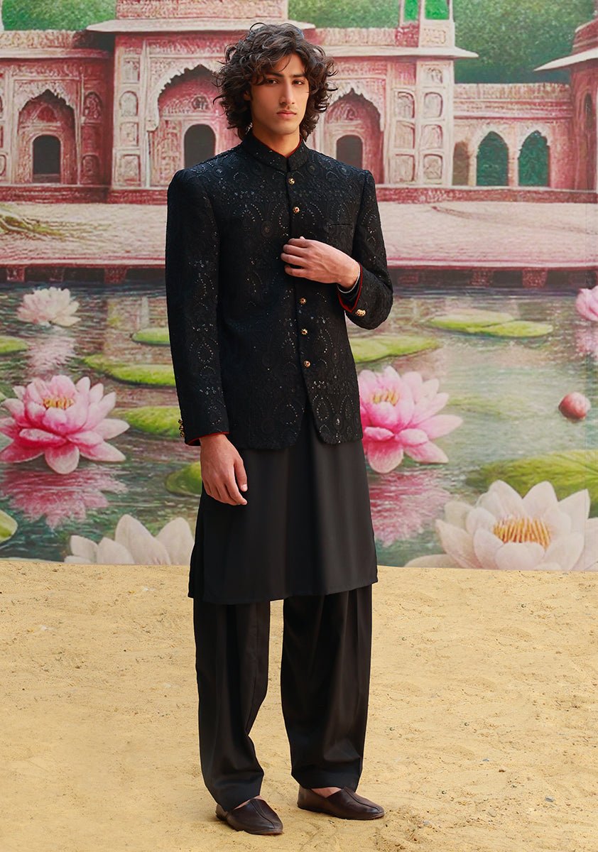 Black Embroidered Cotton Net Prince Coat (3-Piece) - Image 2