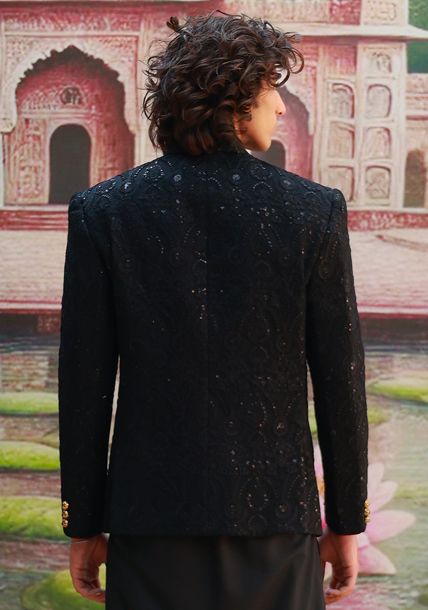 Black Embroidered Cotton Net Prince Coat (3-Piece) - Image 3