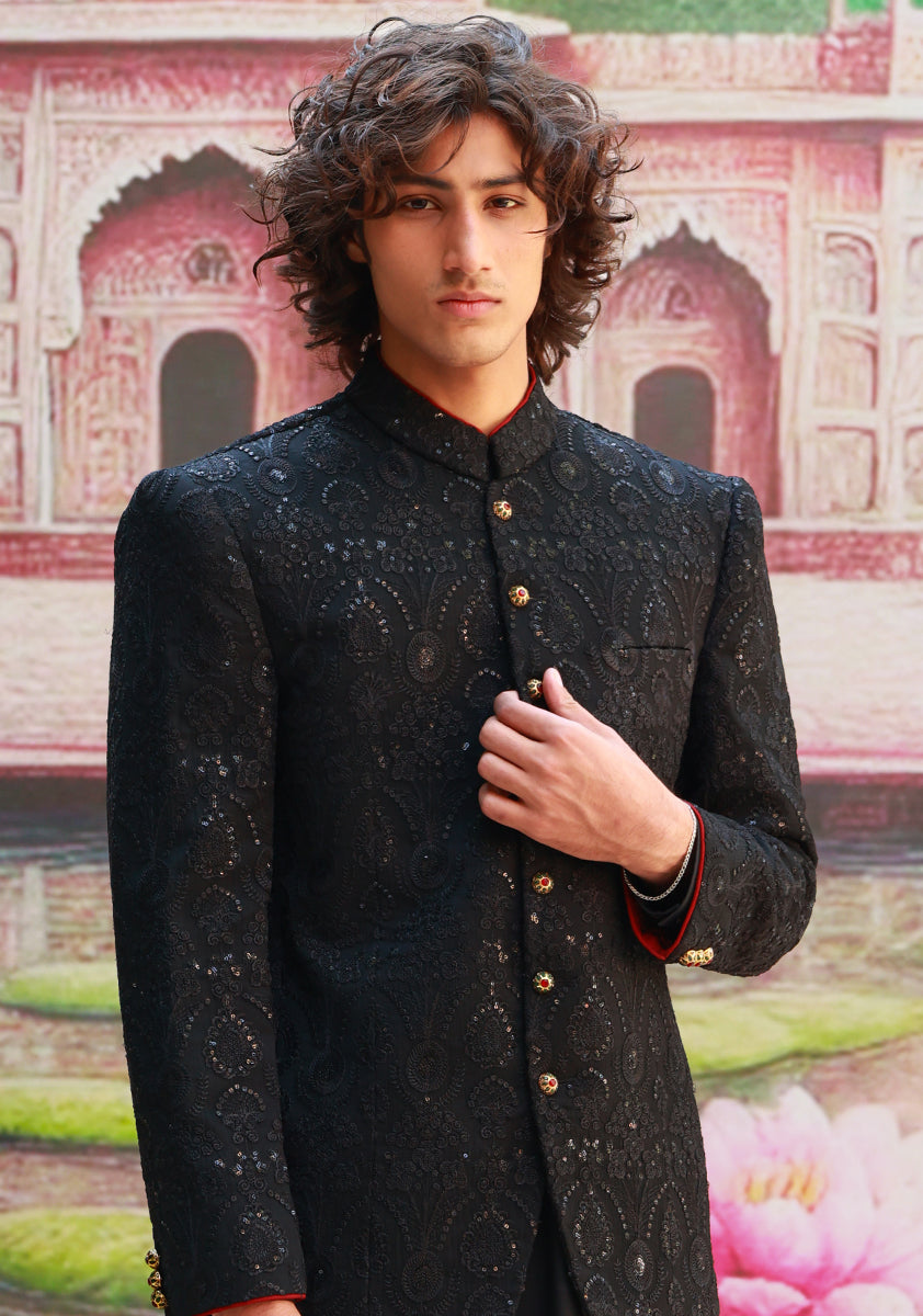Black Embroidered Cotton Net Prince Coat (3-Piece) - Image 4