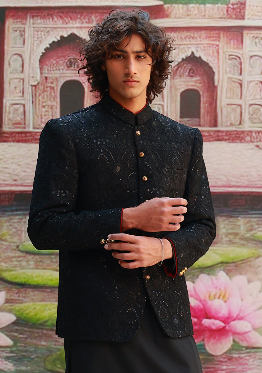 Black Embroidered Cotton Net Prince Coat (3-Piece) - Image 6