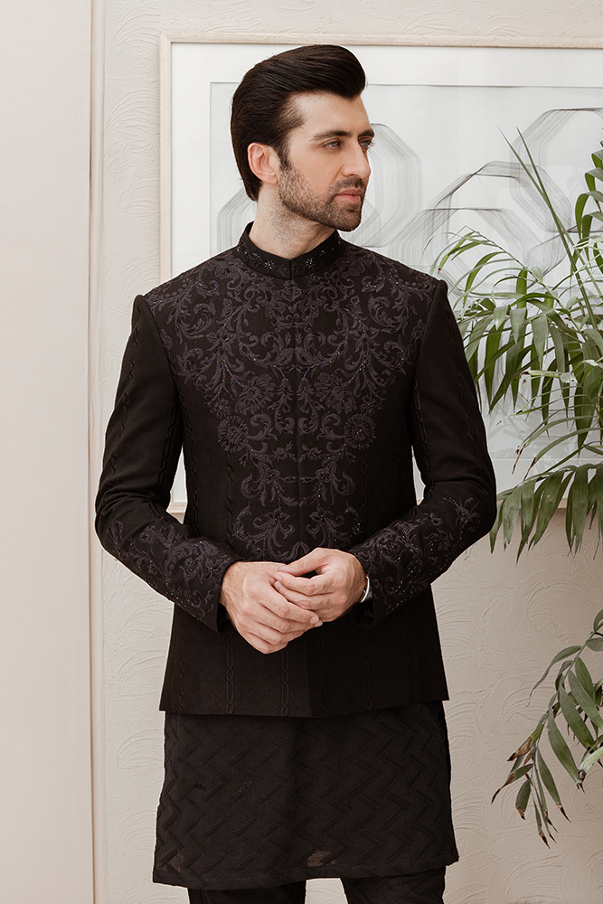 Black Baroque Embroidered Cotton Net Prince Coat (3-Piece) - Image 2