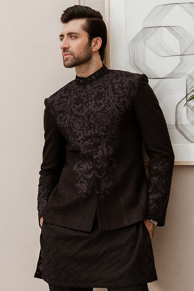 Black Baroque Embroidered Cotton Net Prince Coat (3-Piece) - Image 3