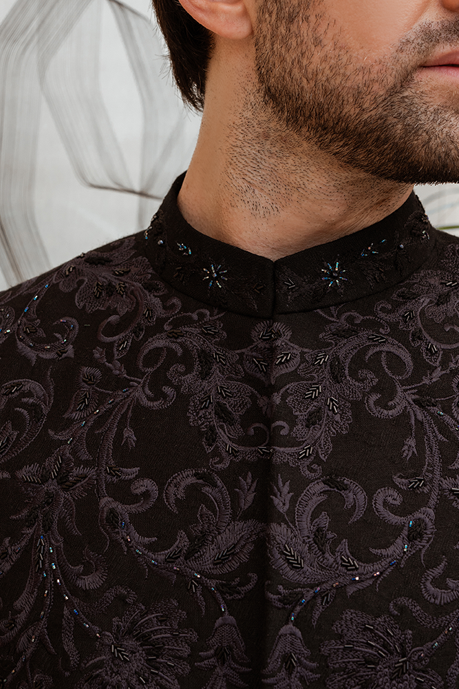 Black Baroque Embroidered Cotton Net Prince Coat (3-Piece) - Image 4