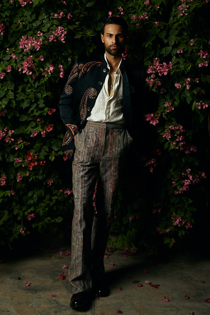 Black Embroidered Cotton Satin Bandhgala Jacket (2-Piece) - Image 9