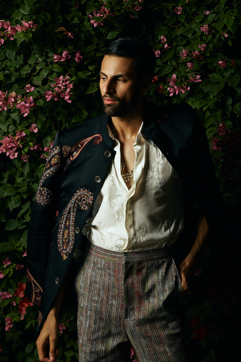 Black Paisley Embroidered Cotton Satin Prince Coat (2-Piece) - Image 1