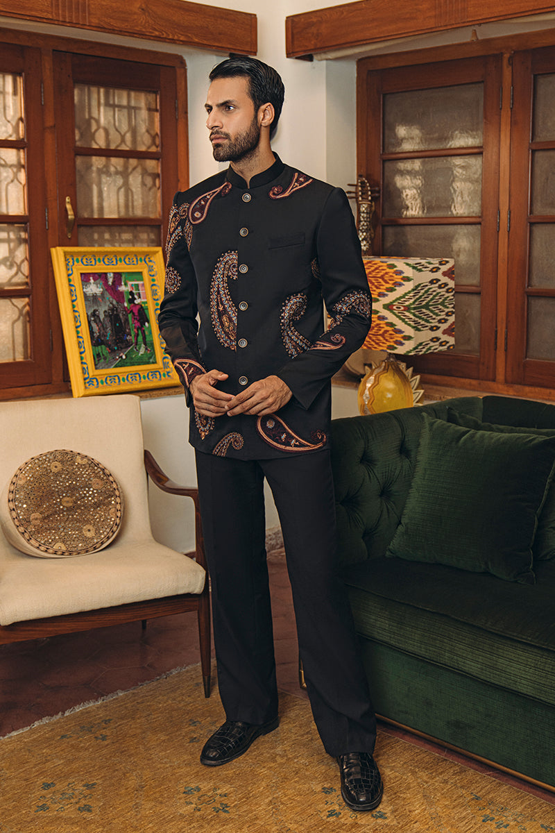 Black Paisley Embroidered Cotton Satin Prince Coat (2-Piece) - Image 2