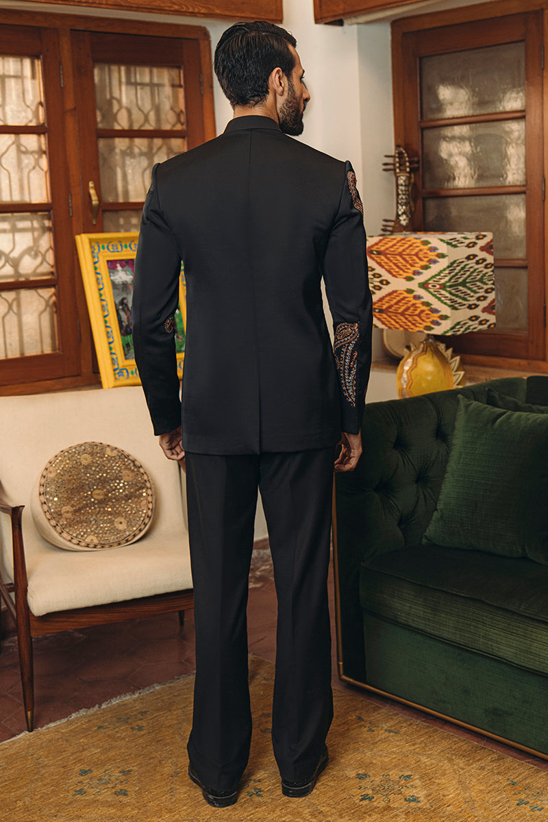 Black Paisley Embroidered Cotton Satin Prince Coat (2-Piece) - Image 4