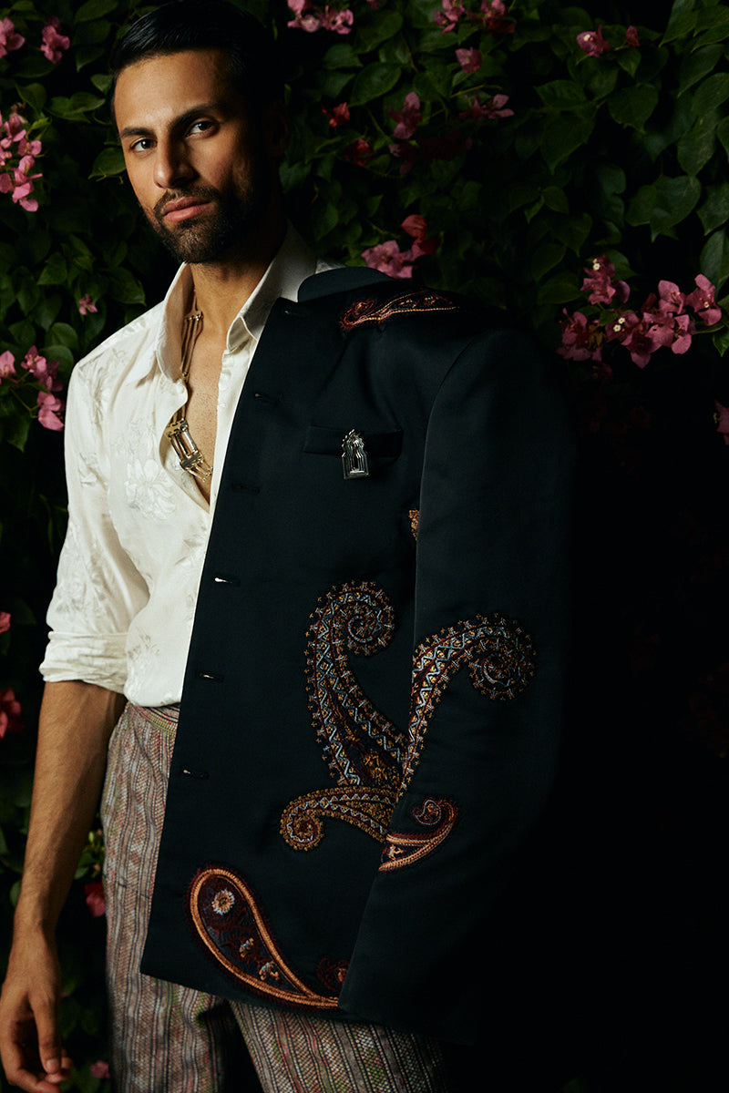 Black Paisley Embroidered Cotton Satin Prince Coat (2-Piece) - Image 6