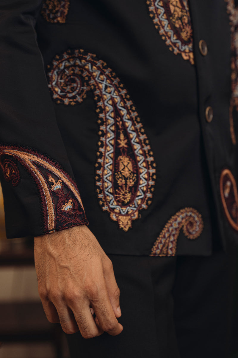 Black Embroidered Cotton Satin Prince Coat (2-Piece) - Image 3