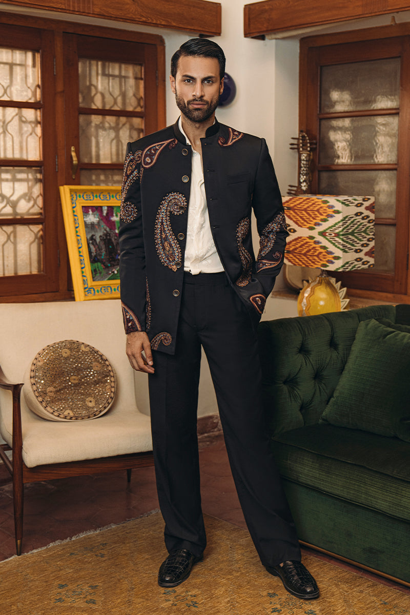 Black Embroidered Cotton Satin Prince Coat (2-Piece) - Image 5