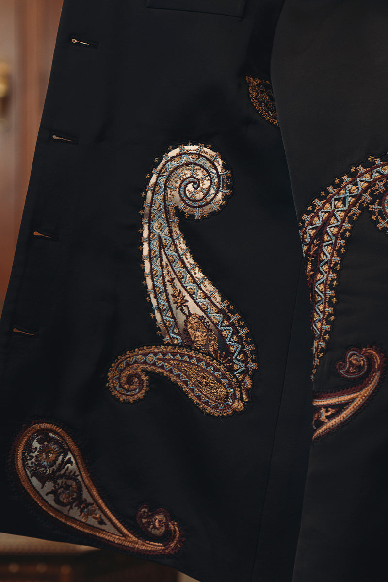 Black Embroidered Cotton Satin Prince Coat (2-Piece) - Image 8