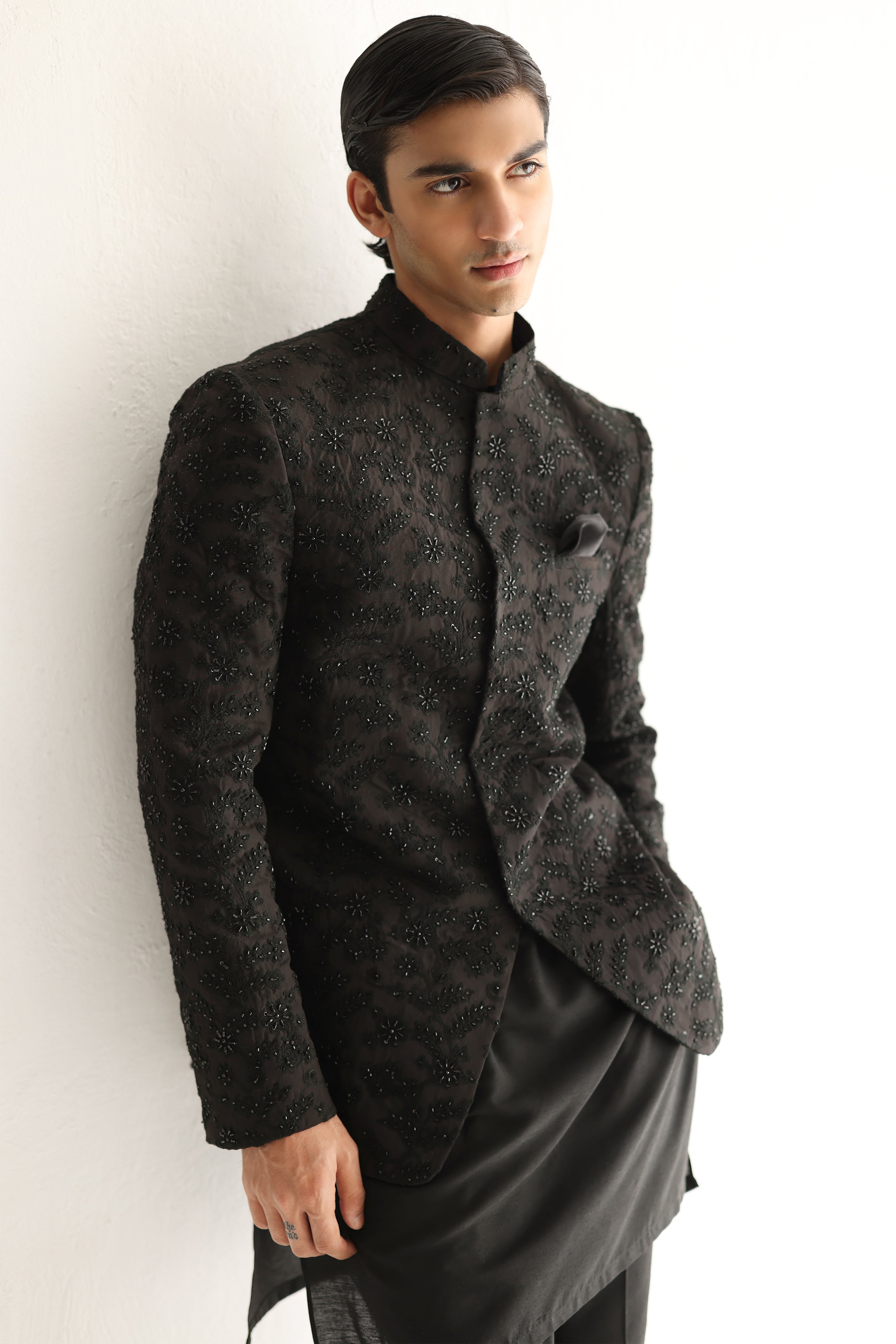 Black Cutdana Embroidered Cotton Silk Prince Coat (3-Piece) - Image 2