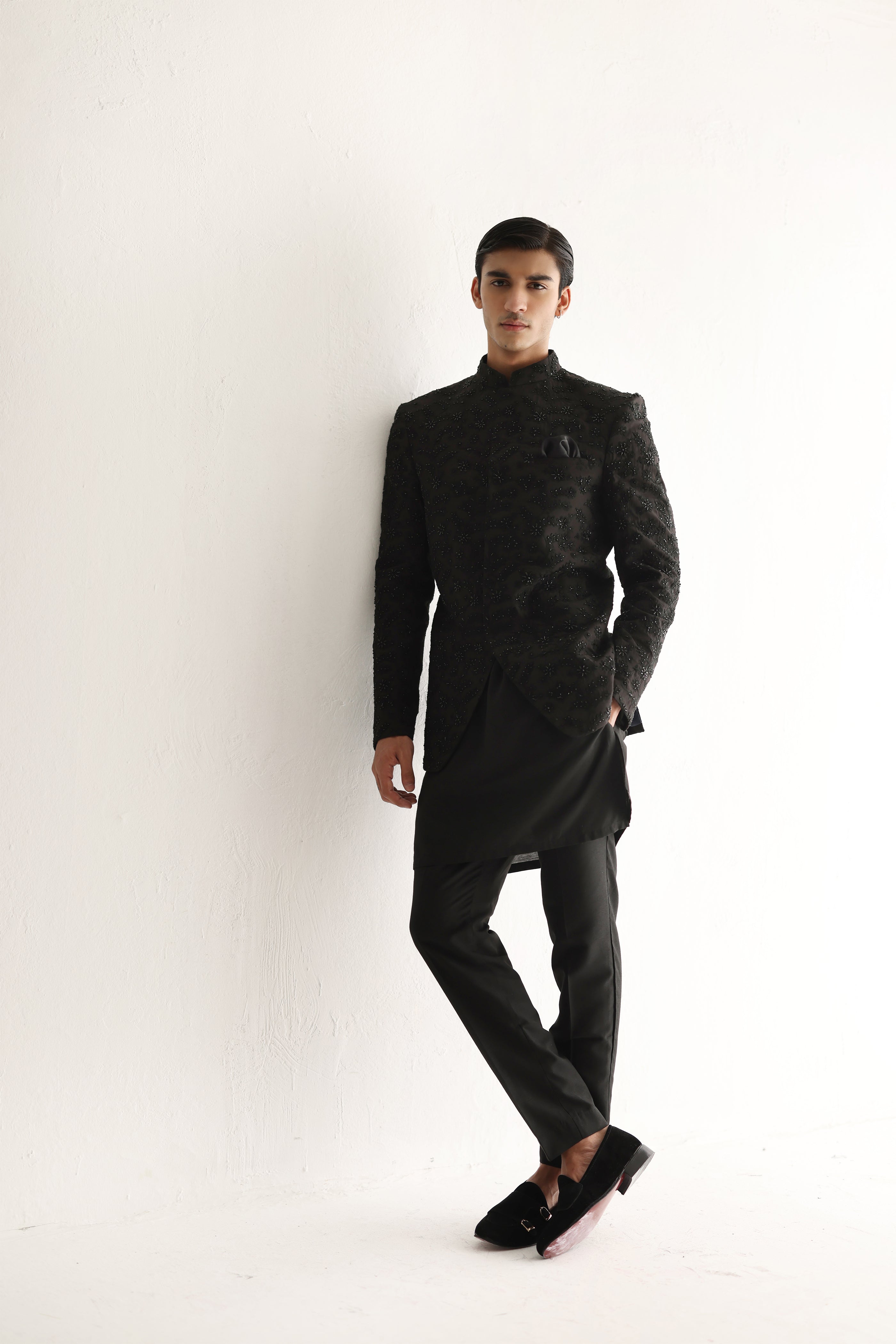 Black Cutdana Embroidered Cotton Silk Prince Coat (3-Piece) - Image 3