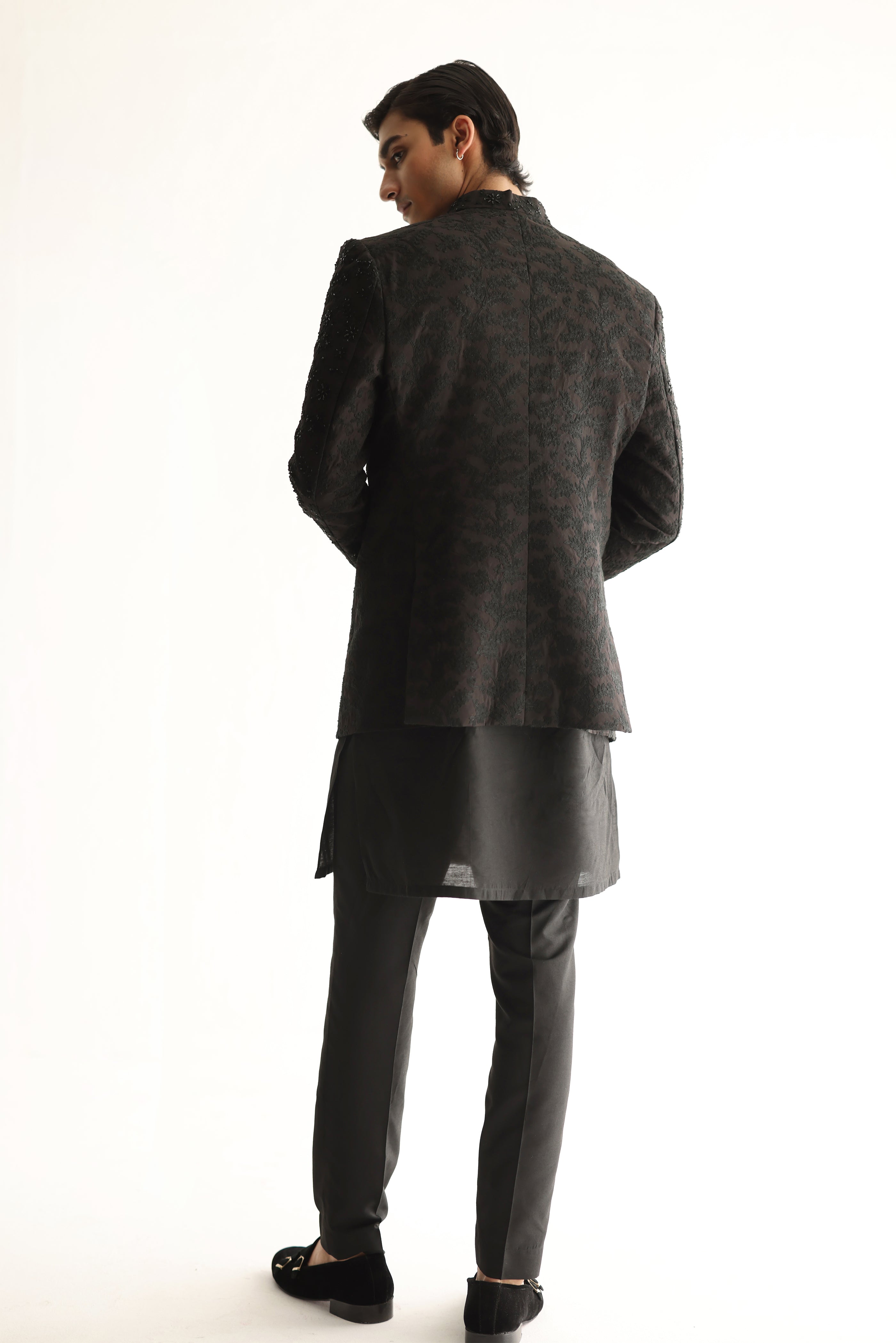 Black Cutdana Embroidered Cotton Silk Prince Coat (3-Piece) - Image 4