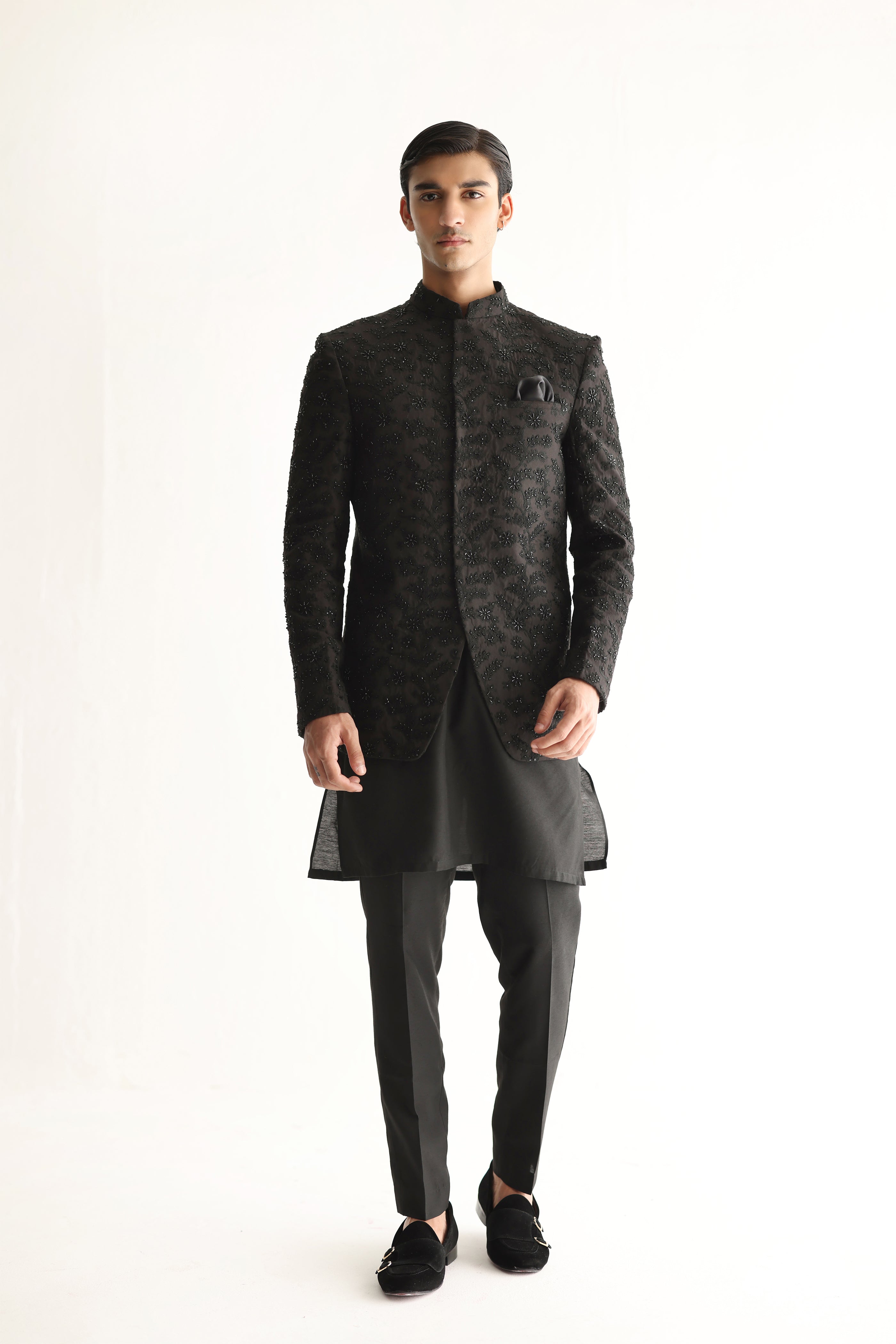 Black Cutdana Embroidered Cotton Silk Prince Coat (3-Piece) - Image 5