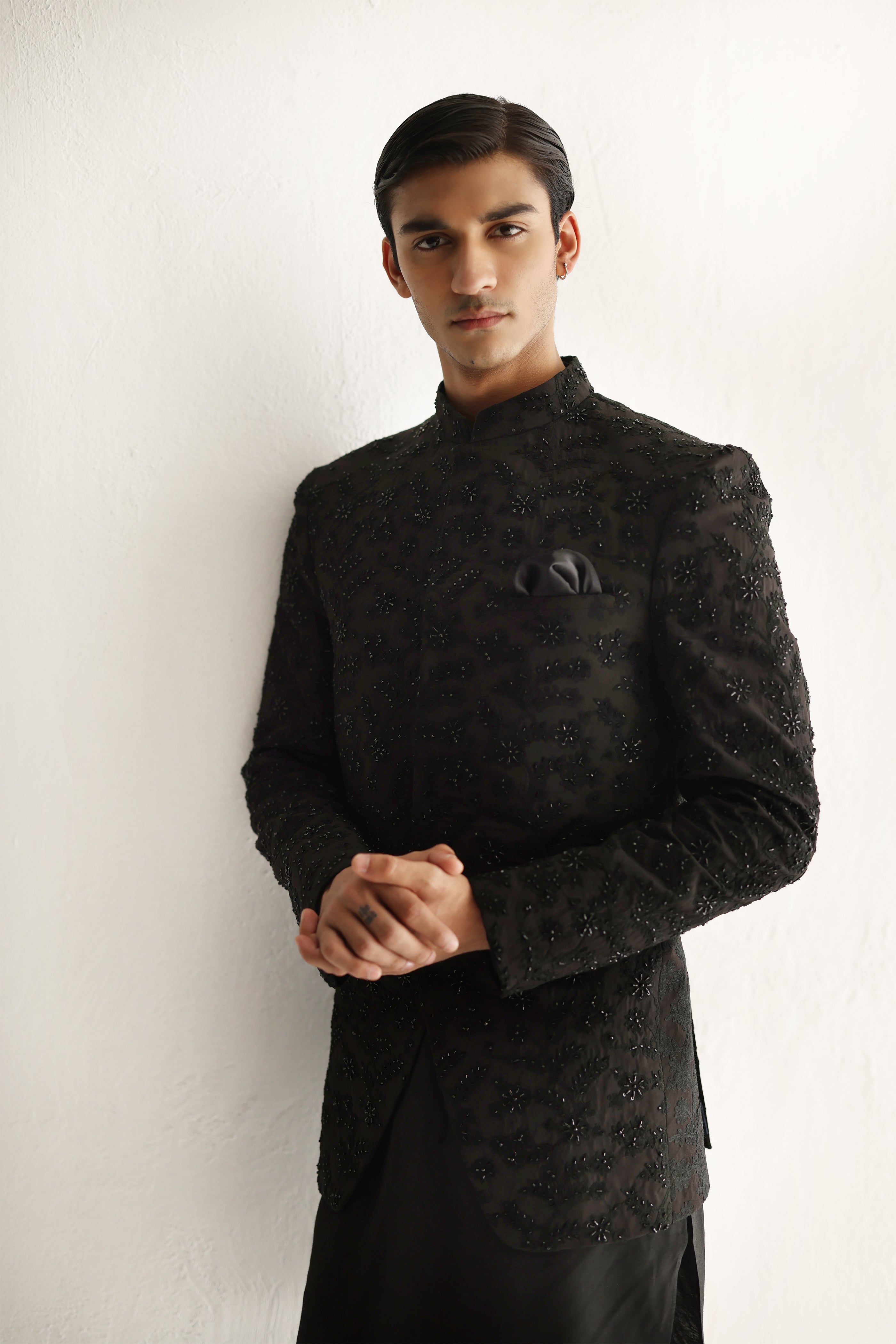 Black Cutdana Embroidered Cotton Silk Prince Coat (3-Piece) - Image 6