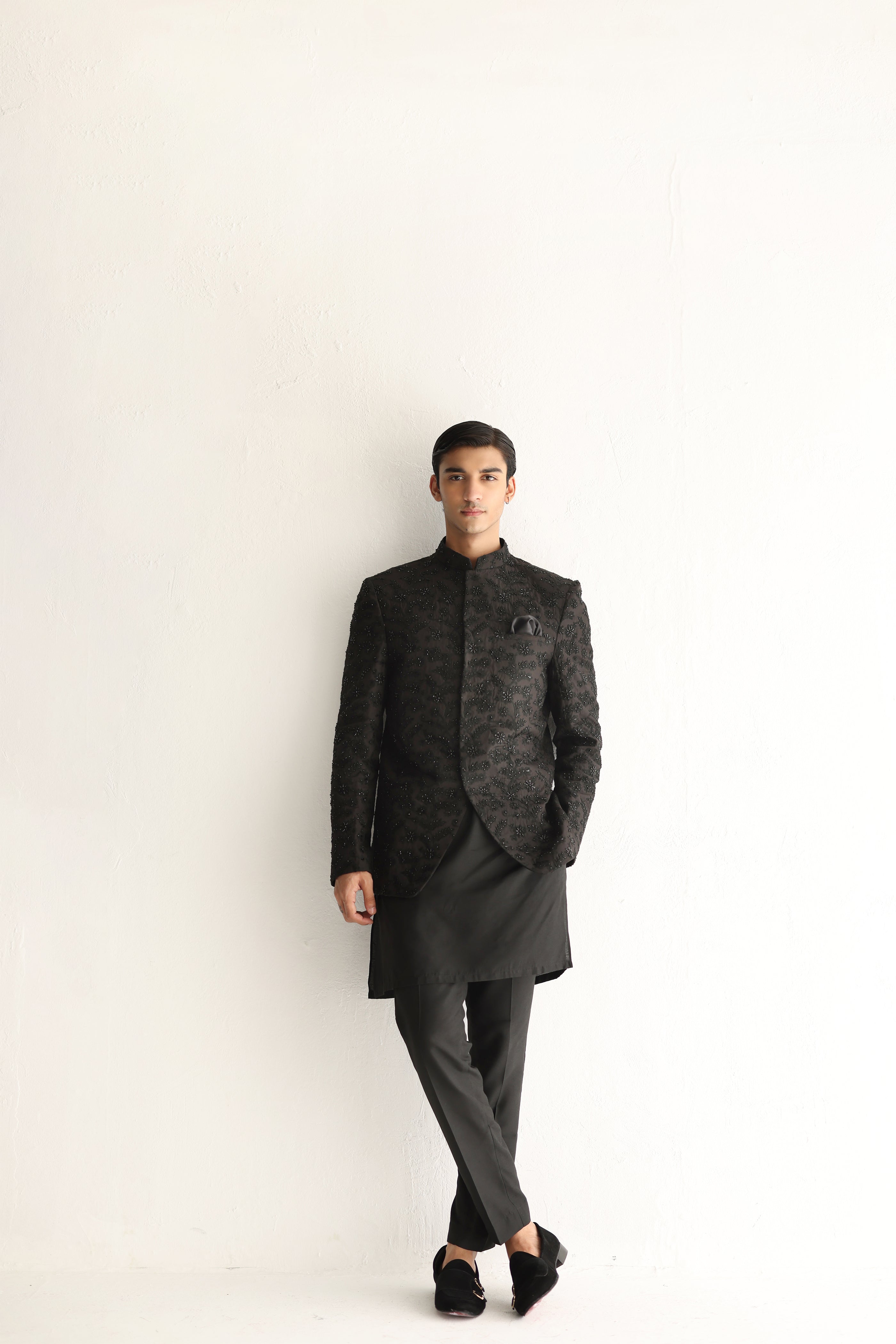 Black Cutdana Embroidered Cotton Silk Prince Coat (3-Piece) - Image 7