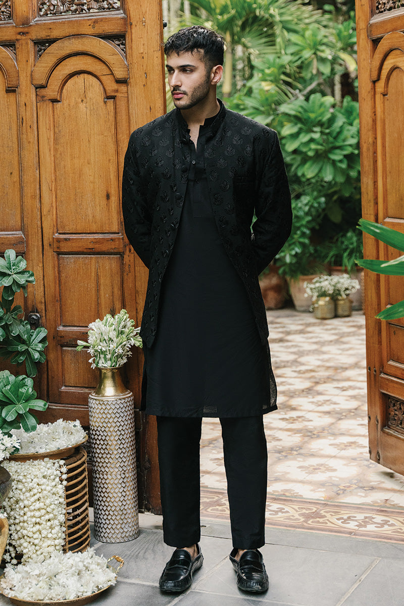 Black Embroidered Cotton Silk Prince Coat (3-Piece) - Image 1
