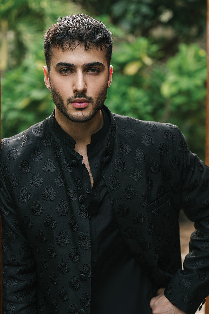 Black Embroidered Cotton Silk Prince Coat (3-Piece) - Image 2