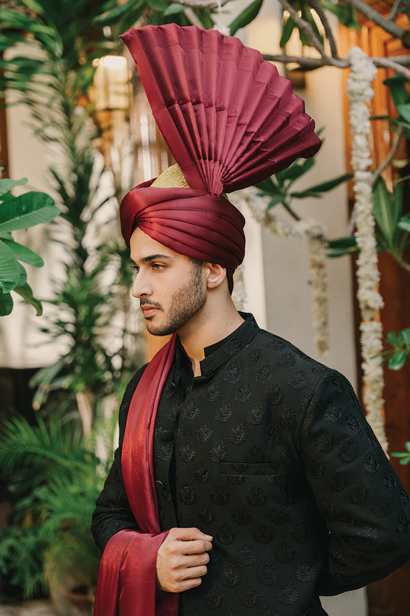 Black Embroidered Cotton Silk Prince Coat (3-Piece) - Image 3