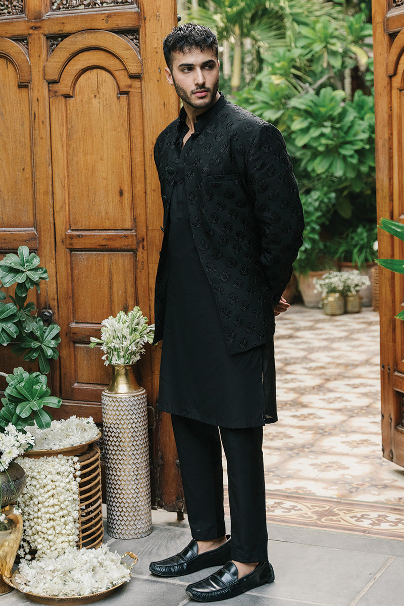 Black Embroidered Cotton Silk Prince Coat (3-Piece) - Image 4