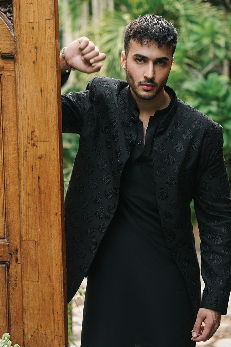 Black Embroidered Cotton Silk Prince Coat (3-Piece) - Image 5