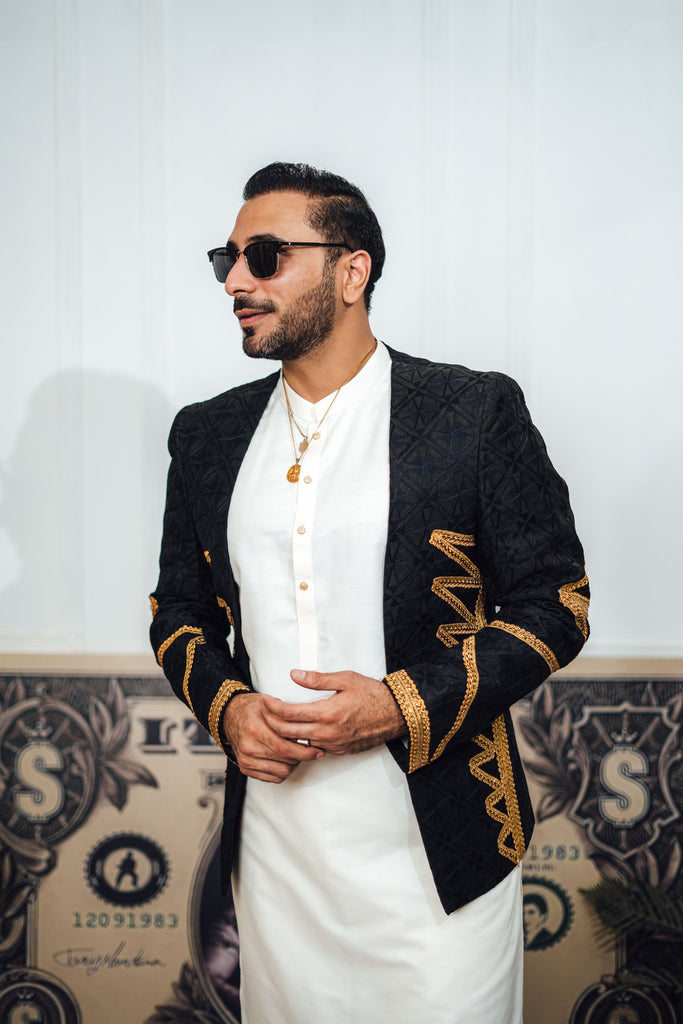 Black Embossed Cotton-Silk Prince Coat (3-Piece) - Image 1