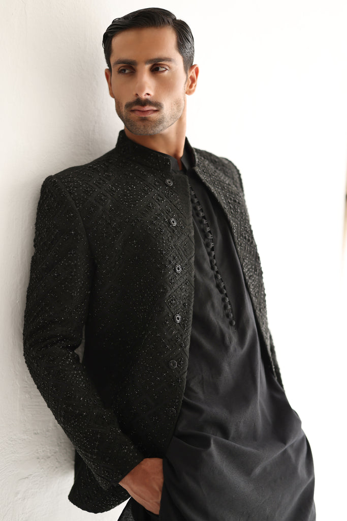 Black Beaded Cotton Silk Prince Coat (3-Piece) - Image 1