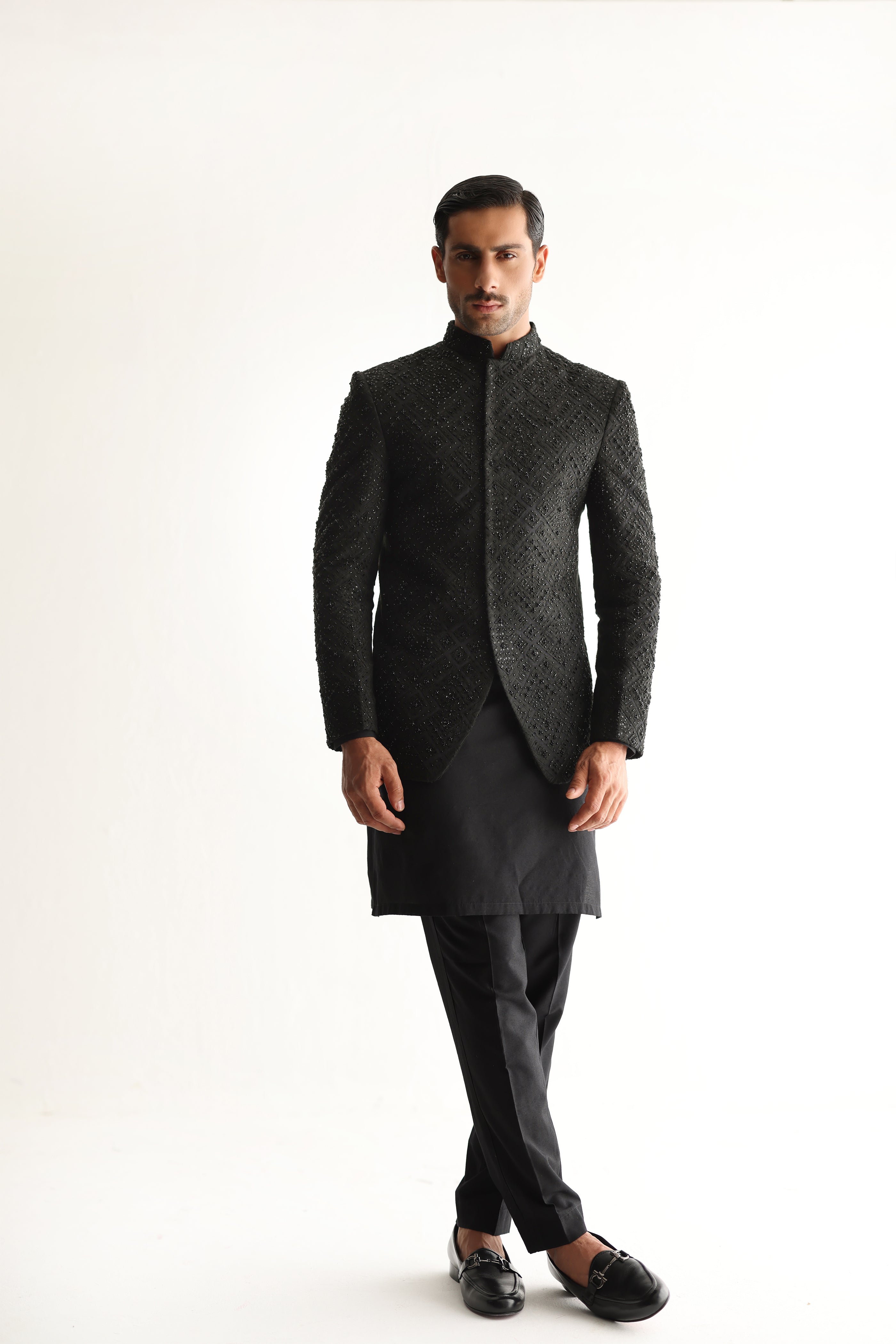Black Beaded Cotton Silk Prince Coat (3-Piece) - Image 3