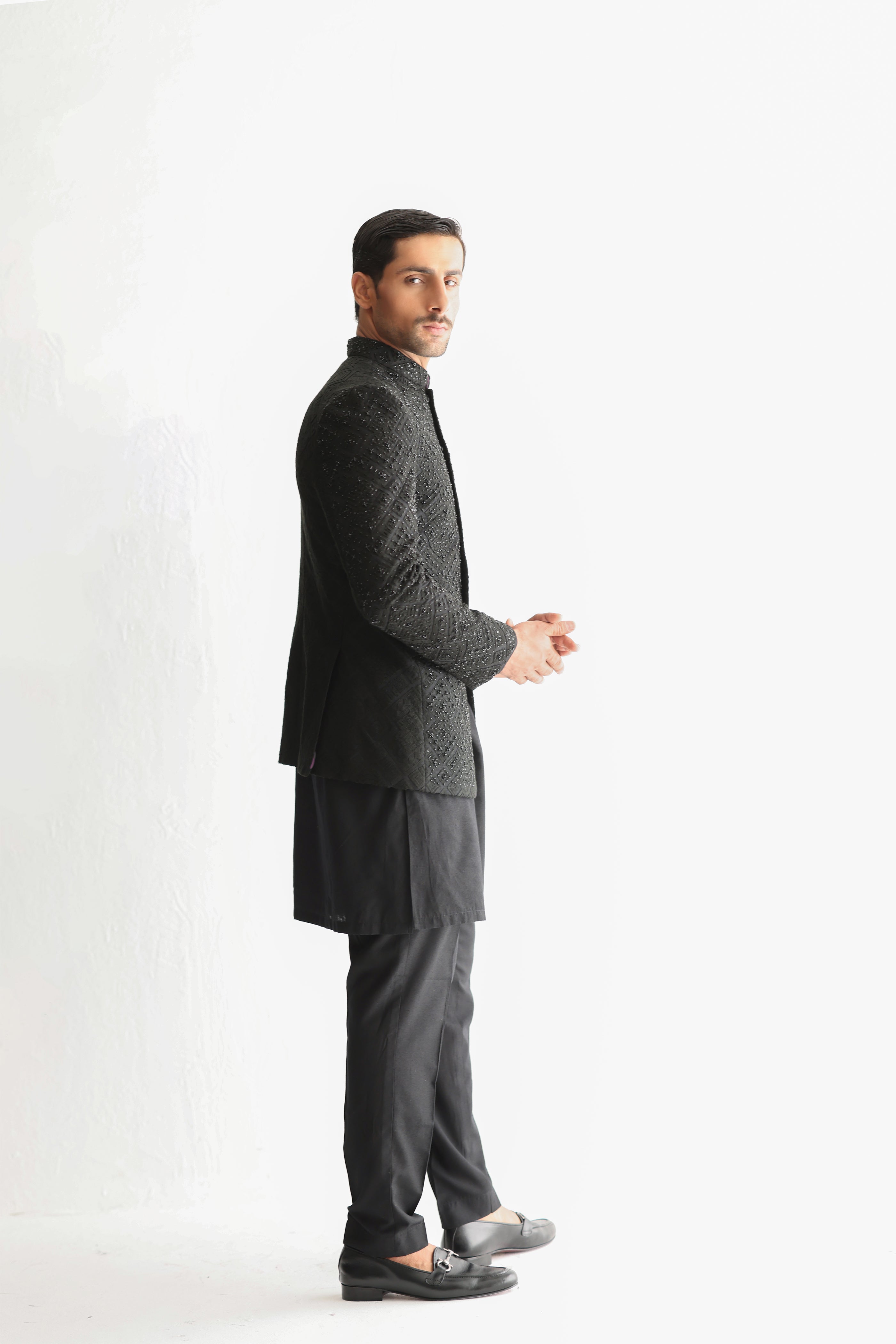 Black Beaded Cotton Silk Prince Coat (3-Piece) - Image 5