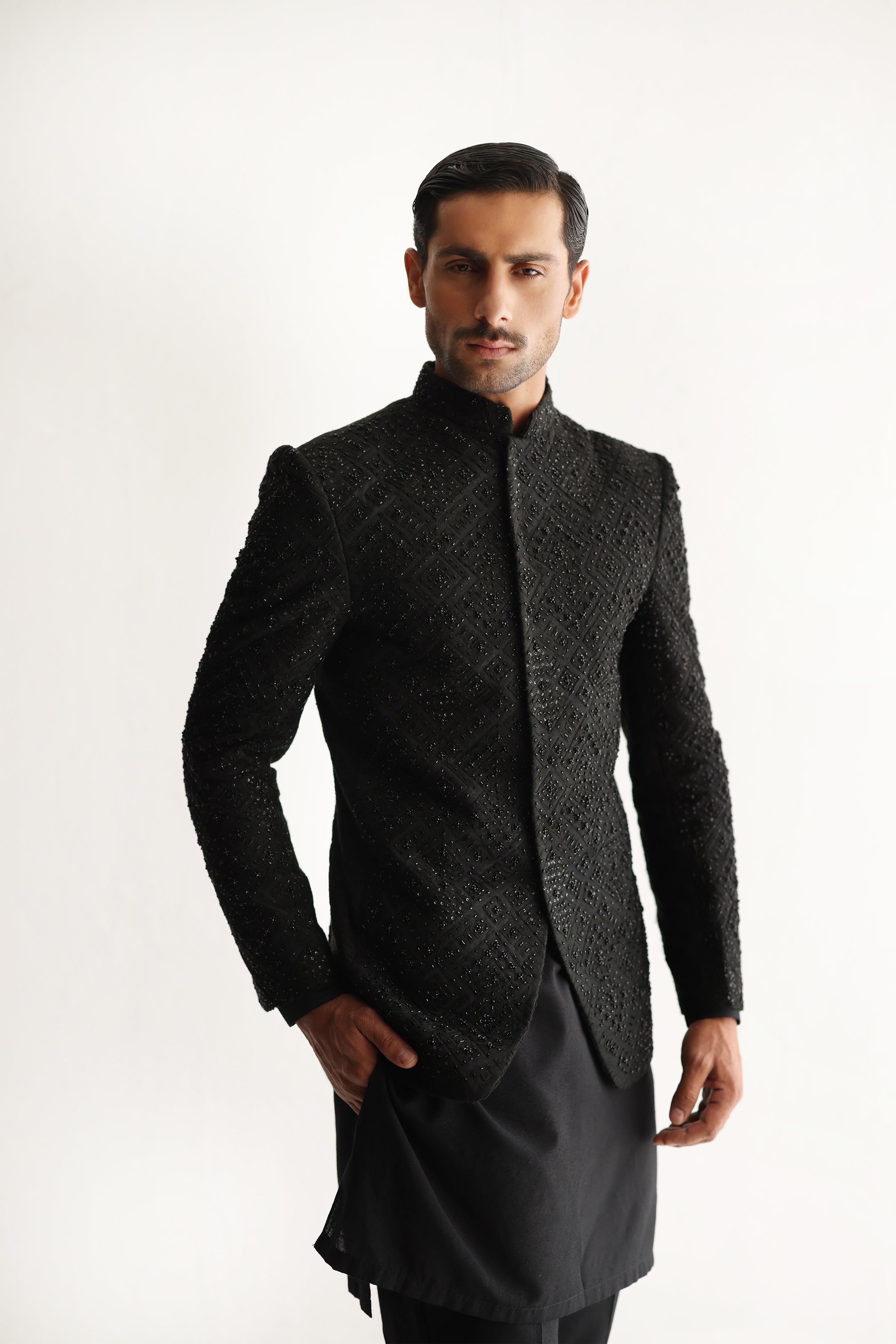 Black Beaded Cotton Silk Prince Coat (3-Piece) - Image 6