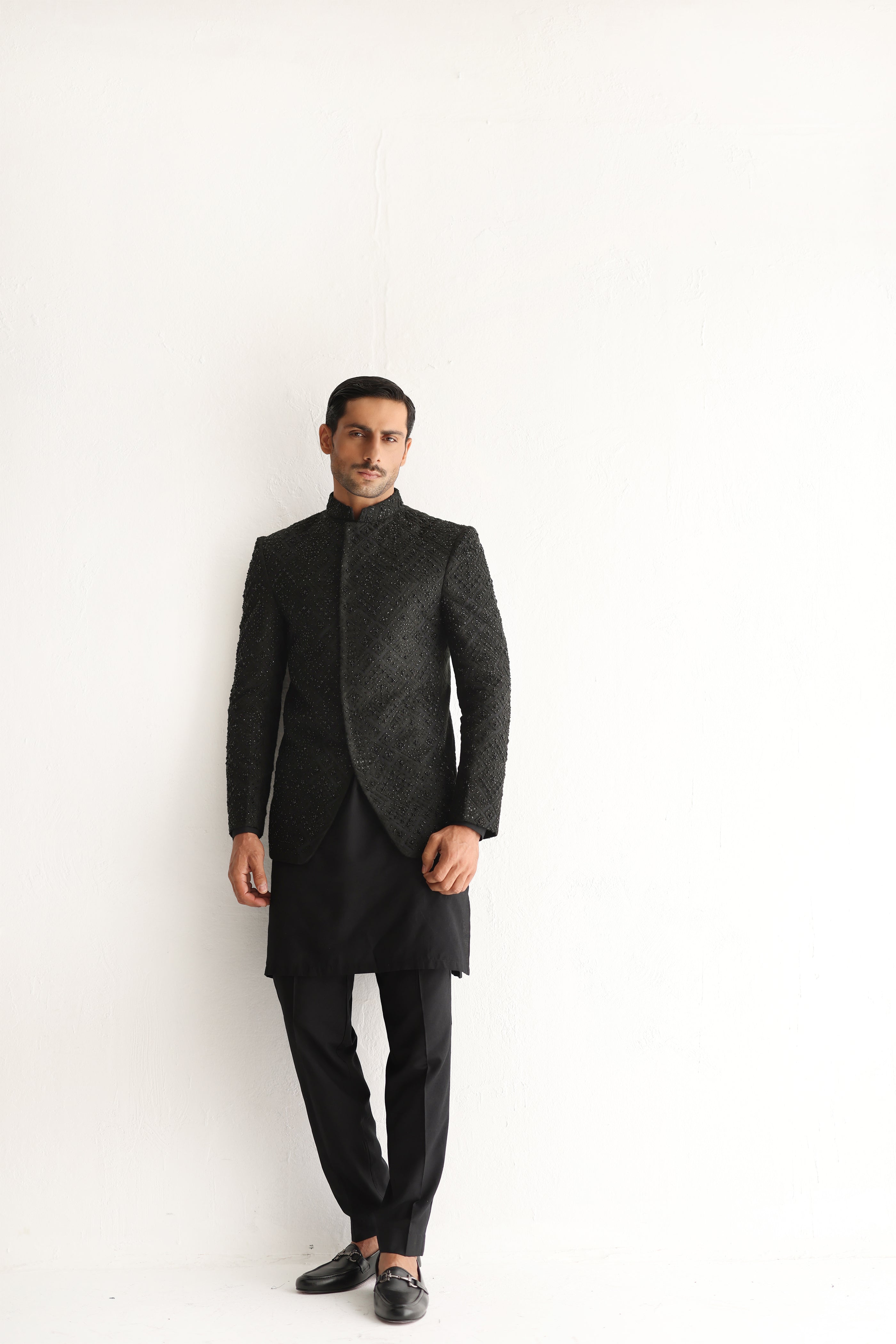 Black Beaded Cotton Silk Prince Coat (3-Piece) - Image 7