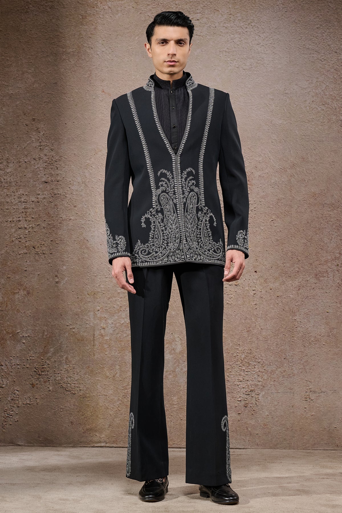 Black Pearl Embroidered Double Georgette Bandhgala (3-Piece) - Image 1