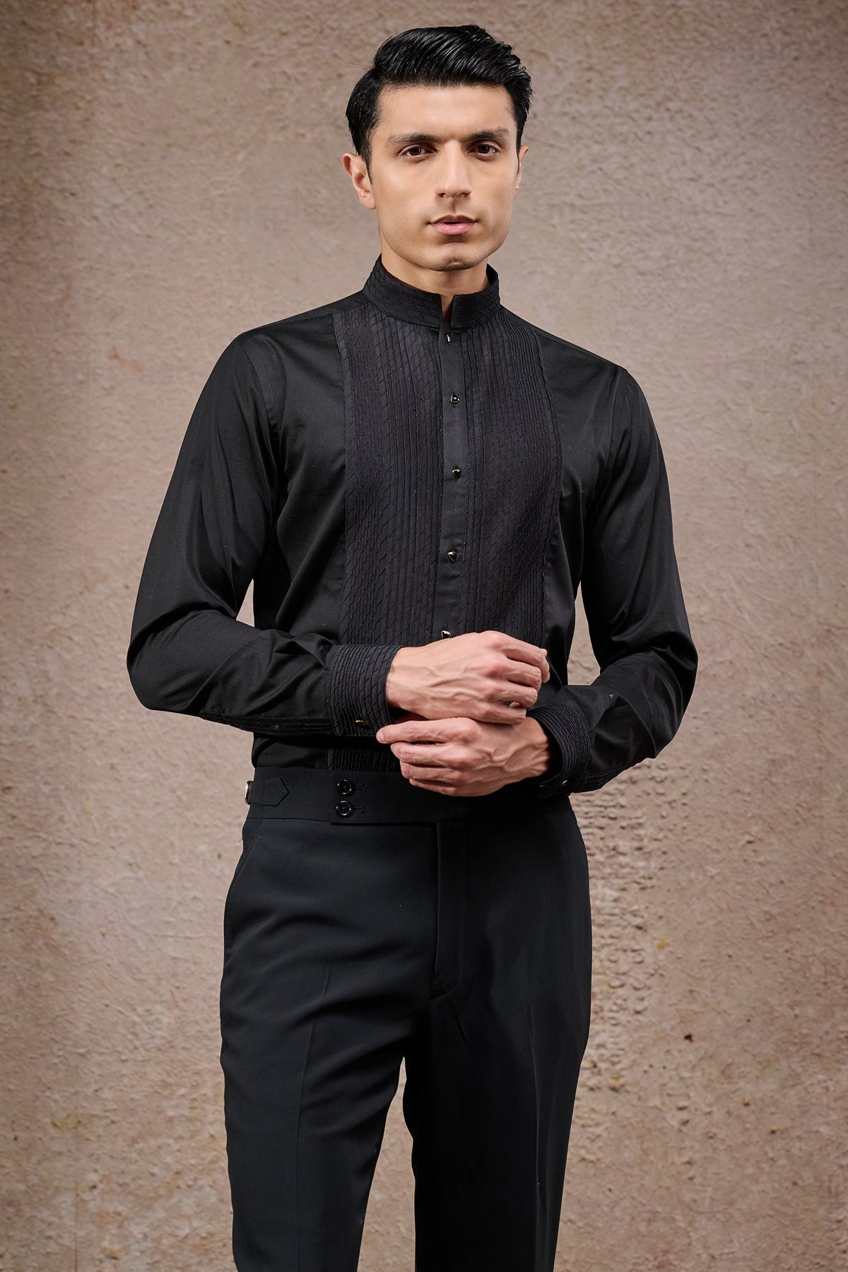 Black Pearl Embroidered Double Georgette Bandhgala (3-Piece) - Image 4