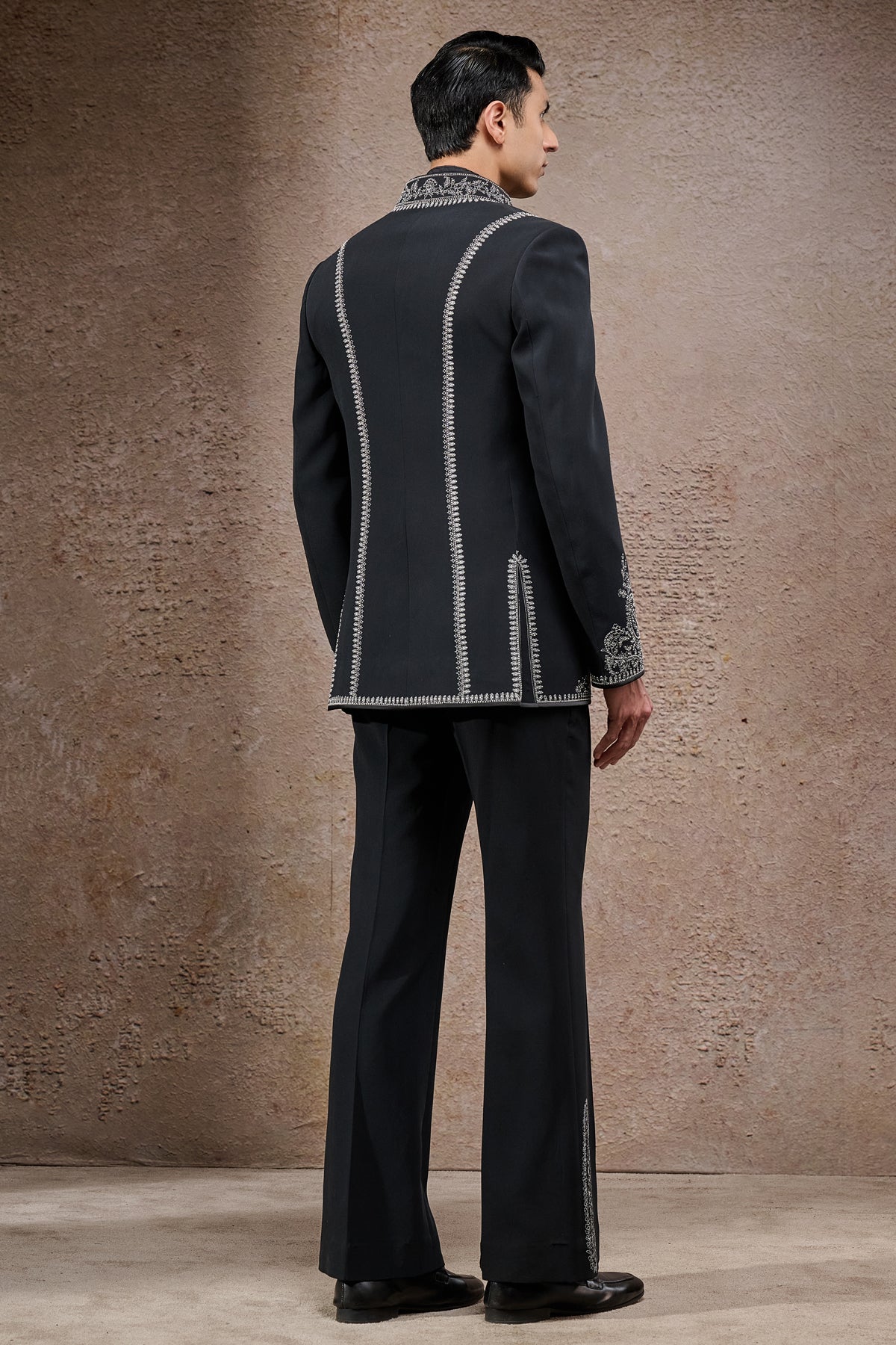 Black Pearl Embroidered Double Georgette Bandhgala (3-Piece) - Image 5