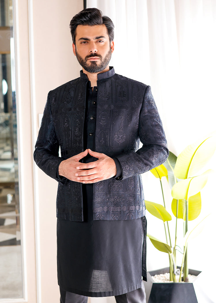 Black Embroidered Luxury Fabric Prince Coat (3-Piece) - Image 2