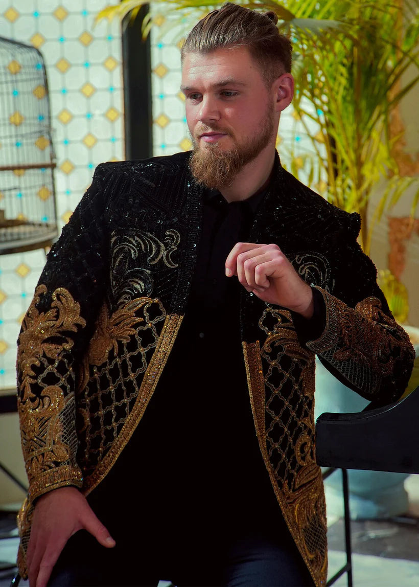 Black Embellished French Velvet Prince Coat (2-Piece) - Image 1