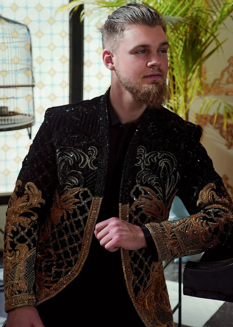 Black Embellished French Velvet Prince Coat (2-Piece) - Image 2