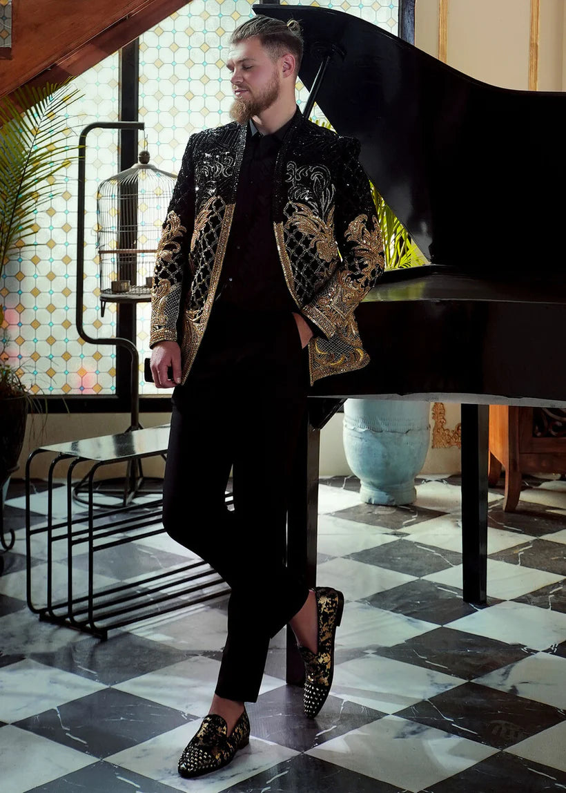 Black Embellished French Velvet Prince Coat (2-Piece) - Image 3