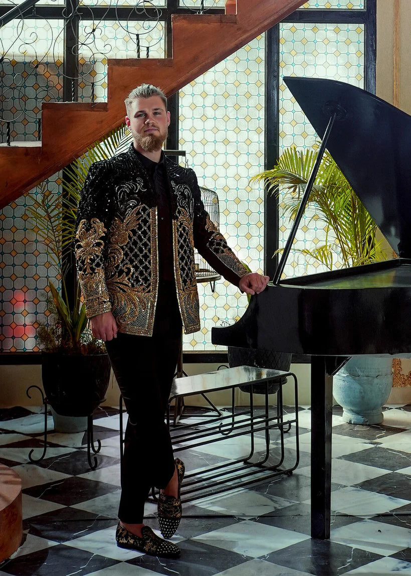 Black Embellished French Velvet Prince Coat (2-Piece) - Image 4