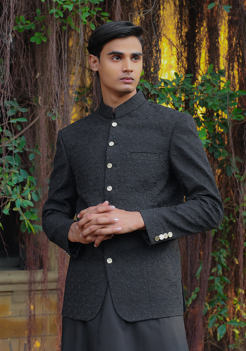 Pirat Black Embossed Georgette Prince Coat (1-Pc) - Image 2