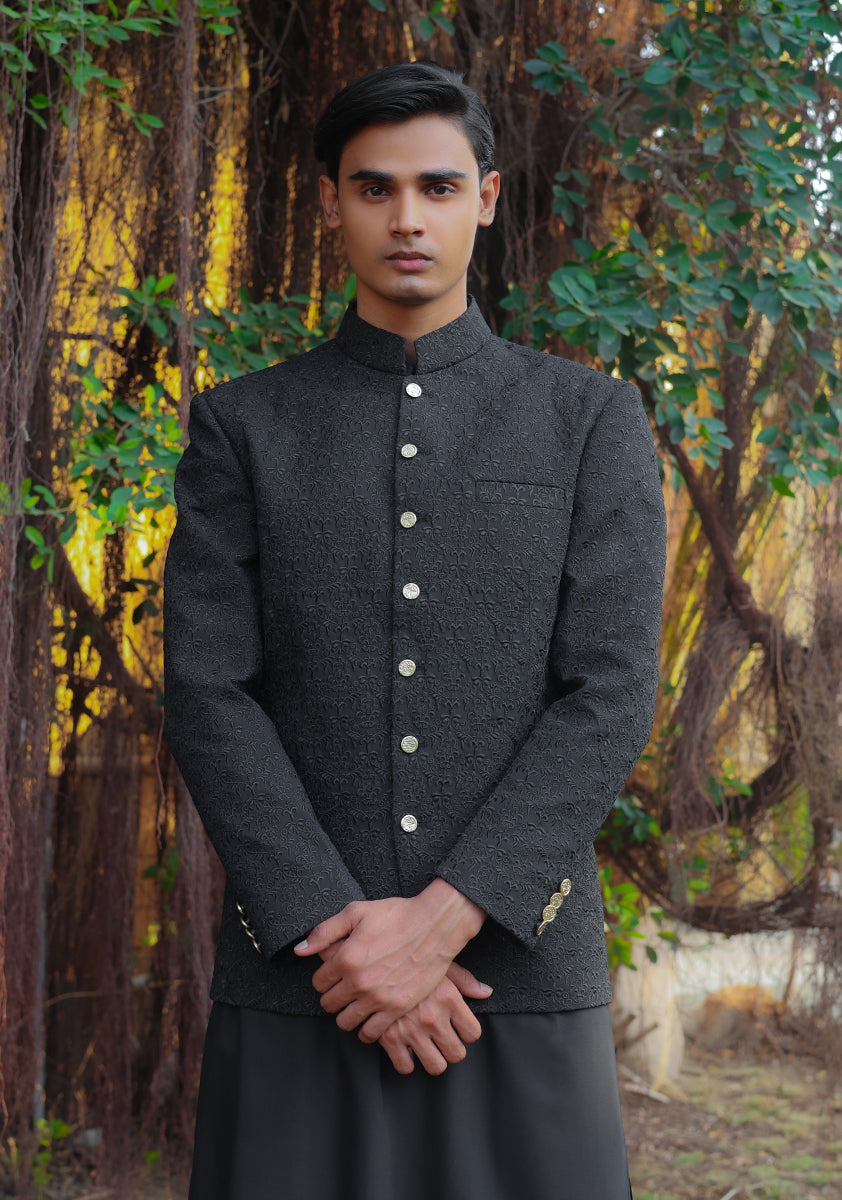 Pirat Black Embossed Georgette Prince Coat (1-Pc) - Image 3