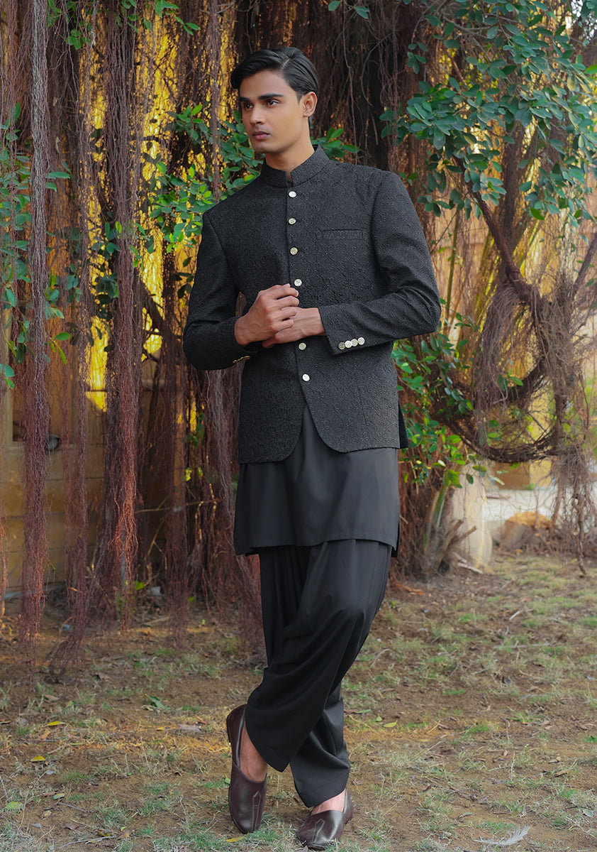 Pirat Black Embossed Georgette Prince Coat (1-Pc) - Image 4