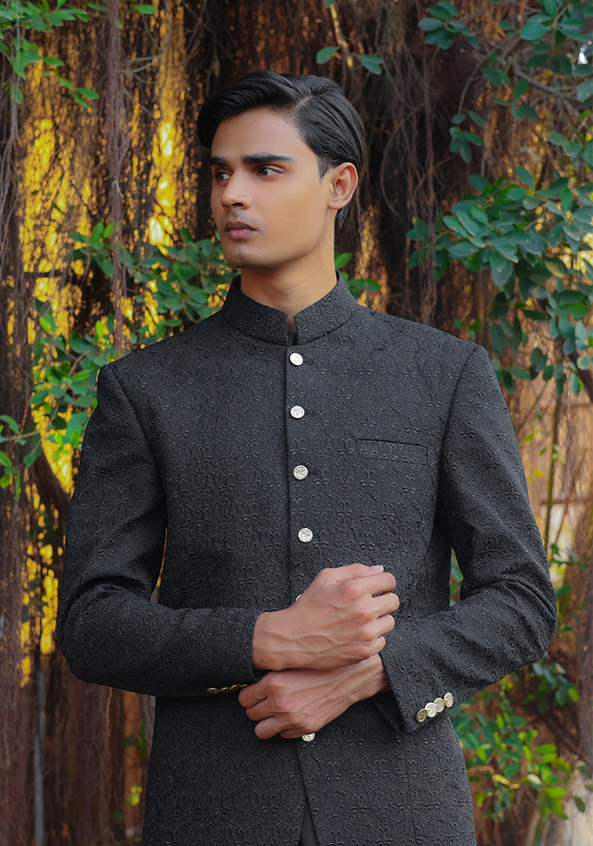 Pirat Black Embossed Georgette Prince Coat (1-Pc) - Image 5