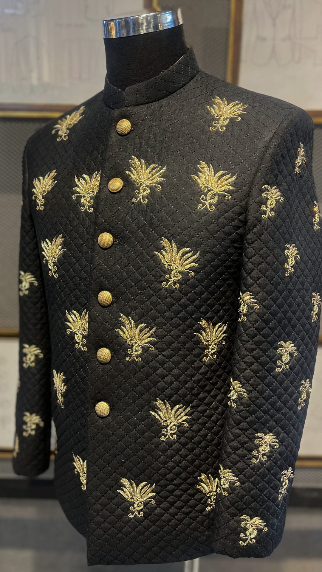 Black Quilted Prince Coat with Gold Hand Embroidery (1-Pc) - Image 1