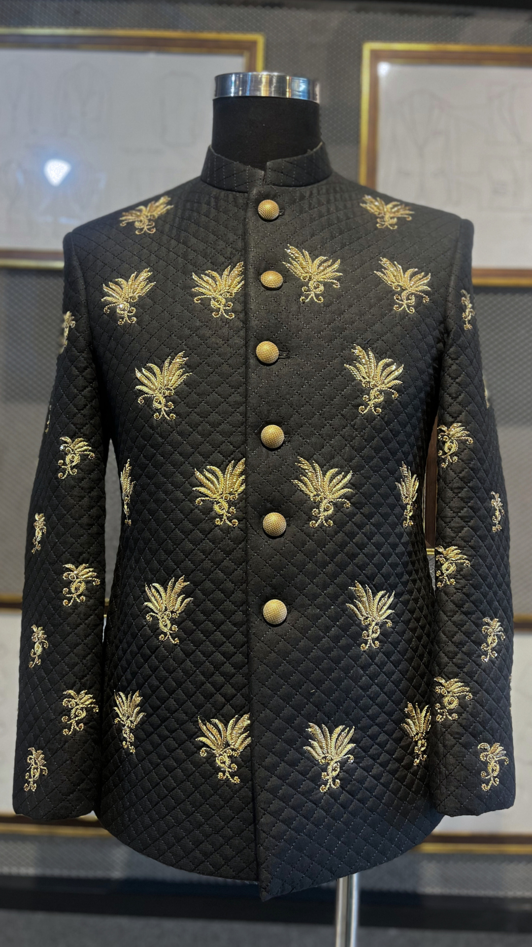 Black Quilted Prince Coat with Gold Hand Embroidery (1-Pc) - Image 2