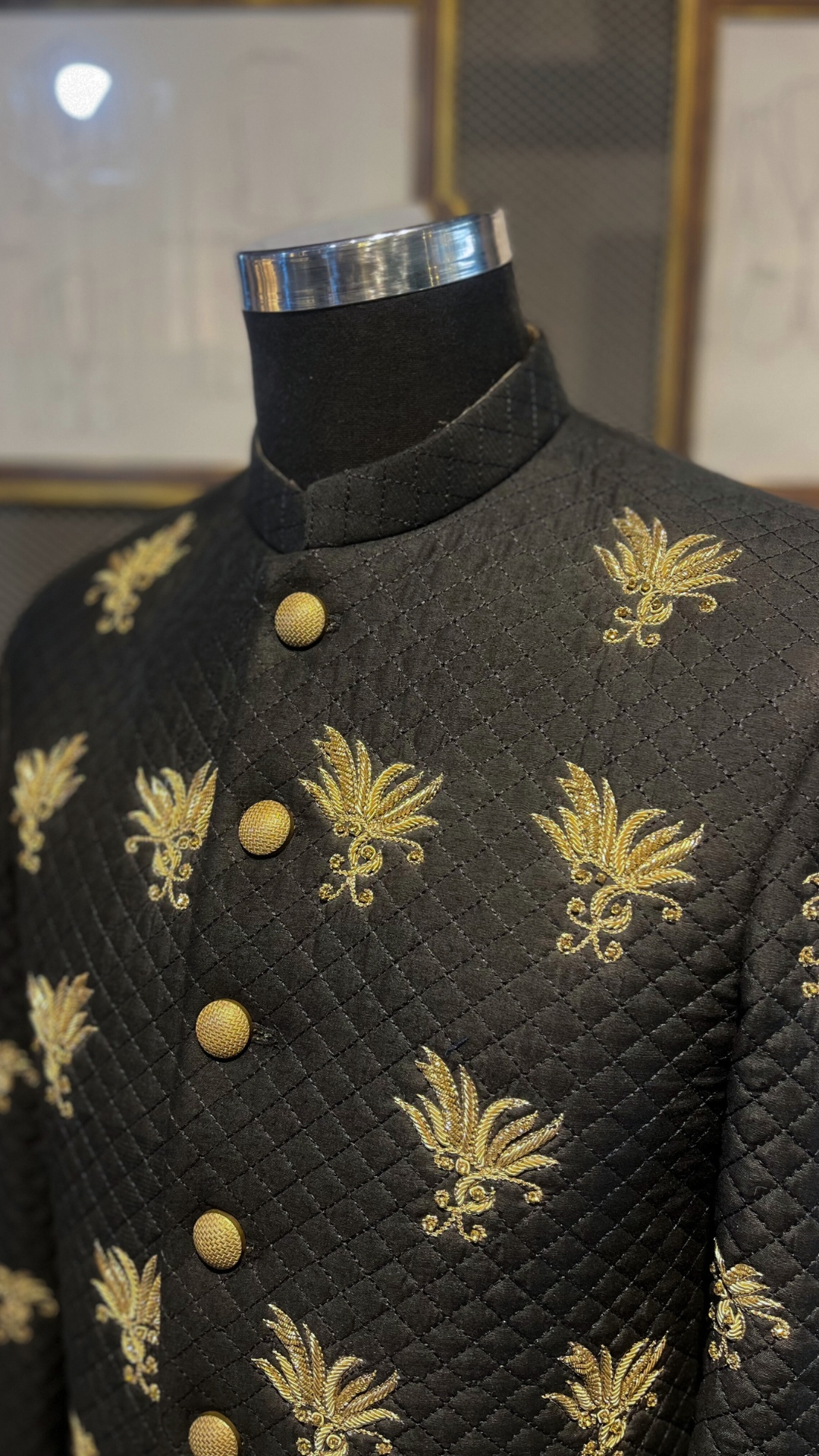Black Quilted Prince Coat with Gold Hand Embroidery (1-Pc) - Image 3